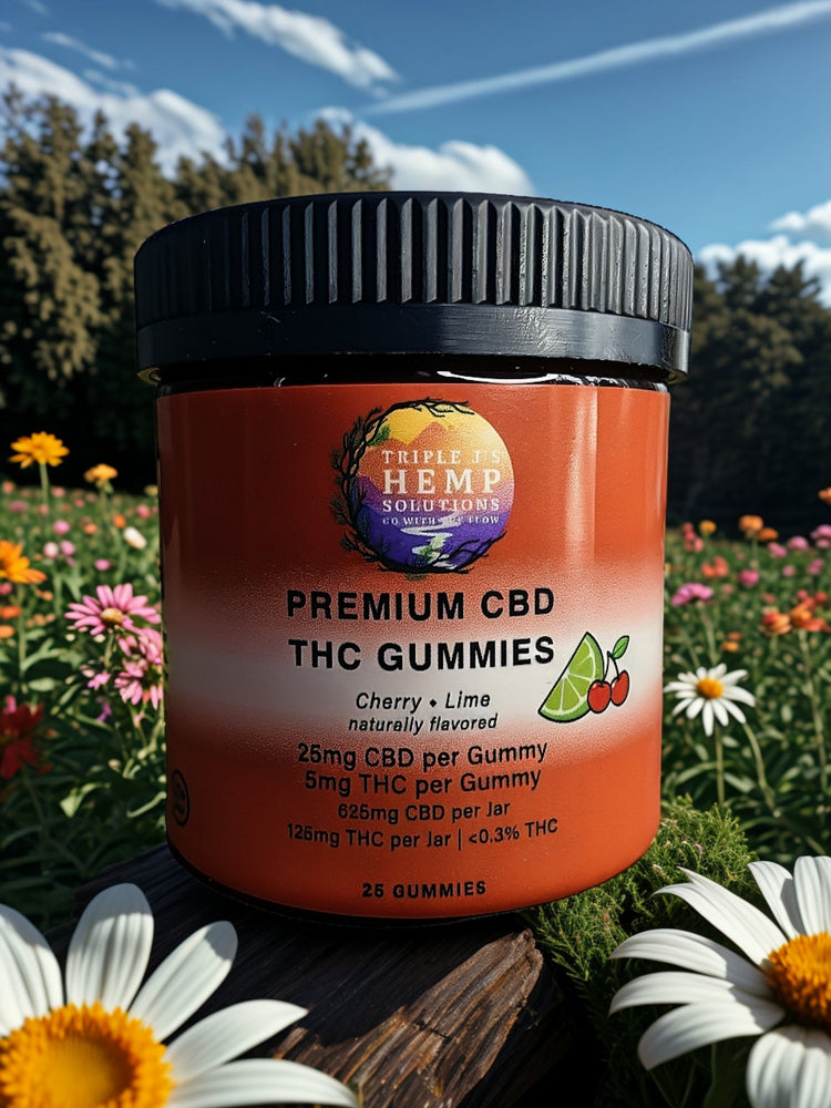 Vegan CBD gummies from Triple J's Divine Bliss Treats featuring 25mg CBD and 5mg THC in a delicious cherry lime flavor, perfect for relaxation and wellness.
