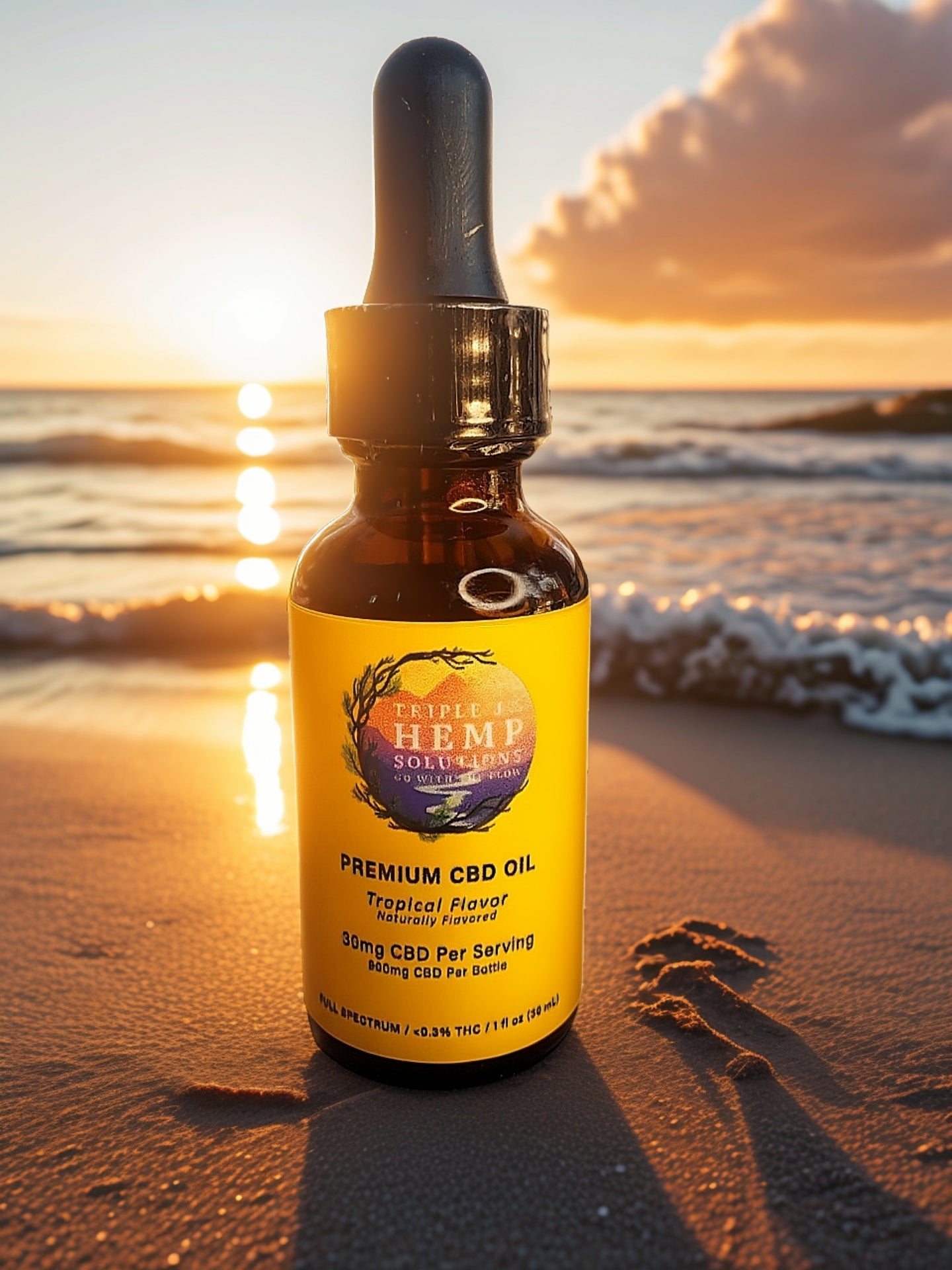 Lifestyle shot of Triple J's 45mg Full Spectrum Hemp Tincture being added to a drink, emphasizing its use for mental wellness and clarity.