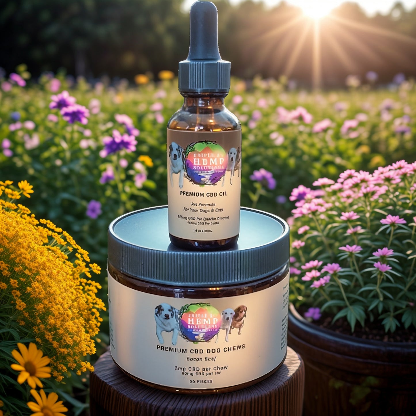 Delicious crunchy chews from Triple J's Hemp Solutions, part of the Premium Pet Care Collection, showcasing essential pet wellness products for promoting vitality and joy in pets.