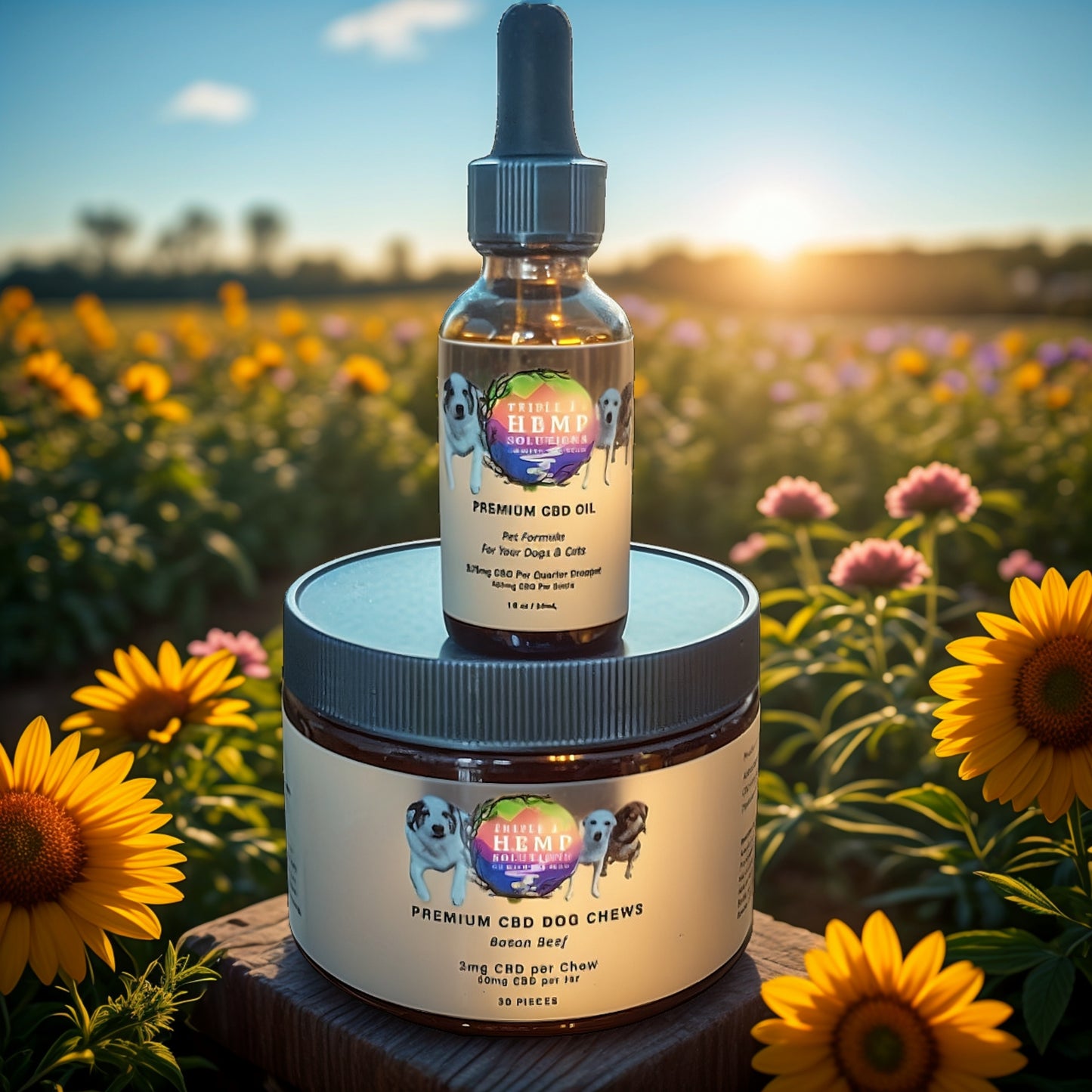 Premium Pet Care Collection by Triple J's Hemp Solutions featuring savory tinctures and chews, designed as high-quality pet wellness products for healthier, happier pets.