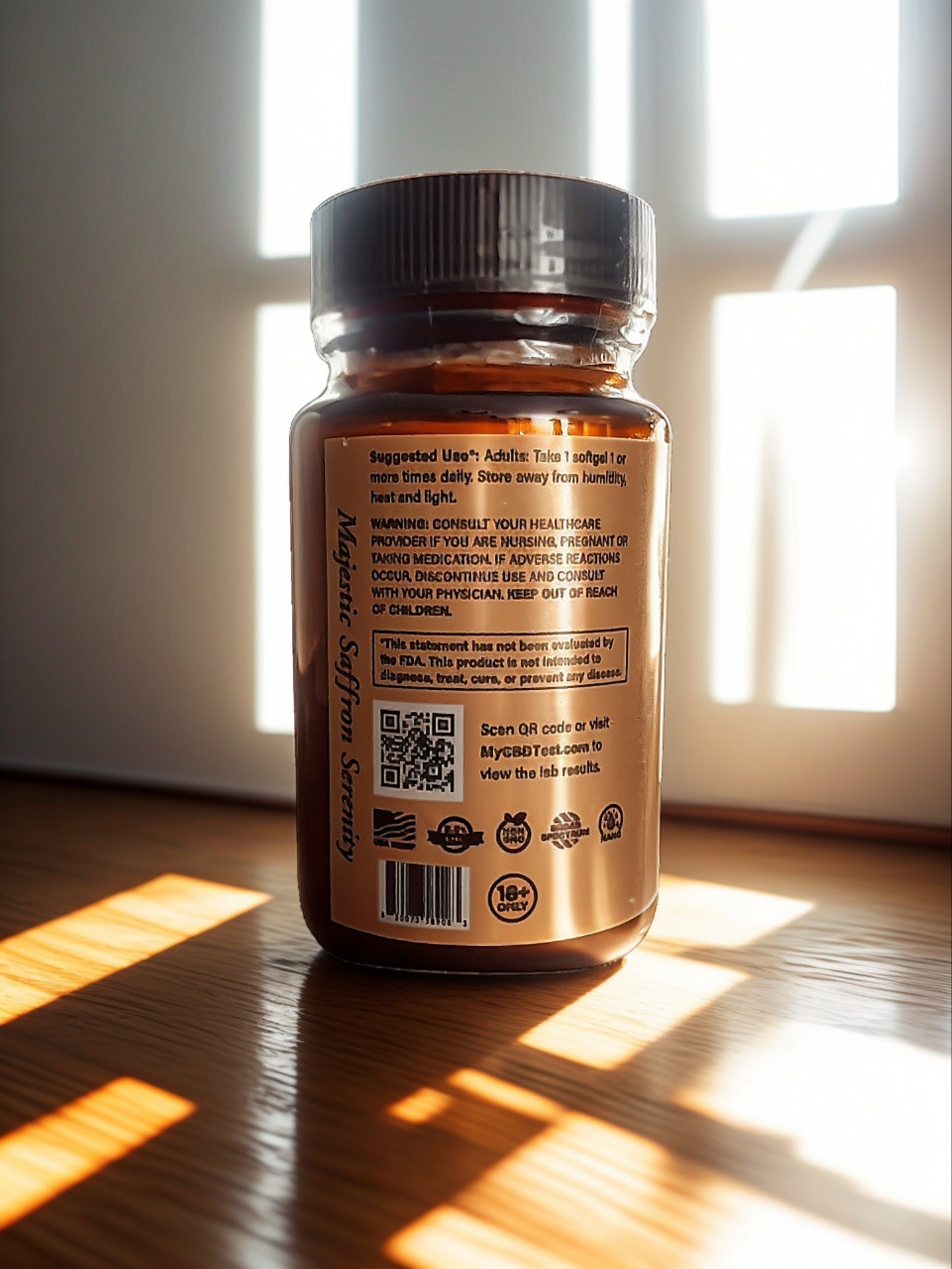30ct bottle of Majestic Saffron Serenity Broad Spectrum CBD Softgels from Triple J's Hemp Solutions, promoting relaxation and wellness.
