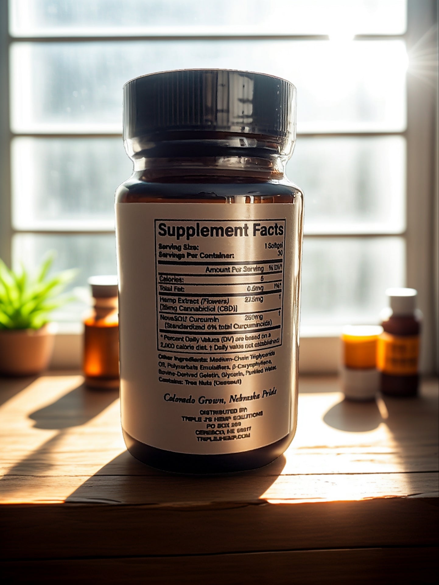 Triple J's Hemp Solutions Majestic Saffron Serenity 25mg Broad Spectrum CBD Softgels featuring curcumin for enhanced health benefits.