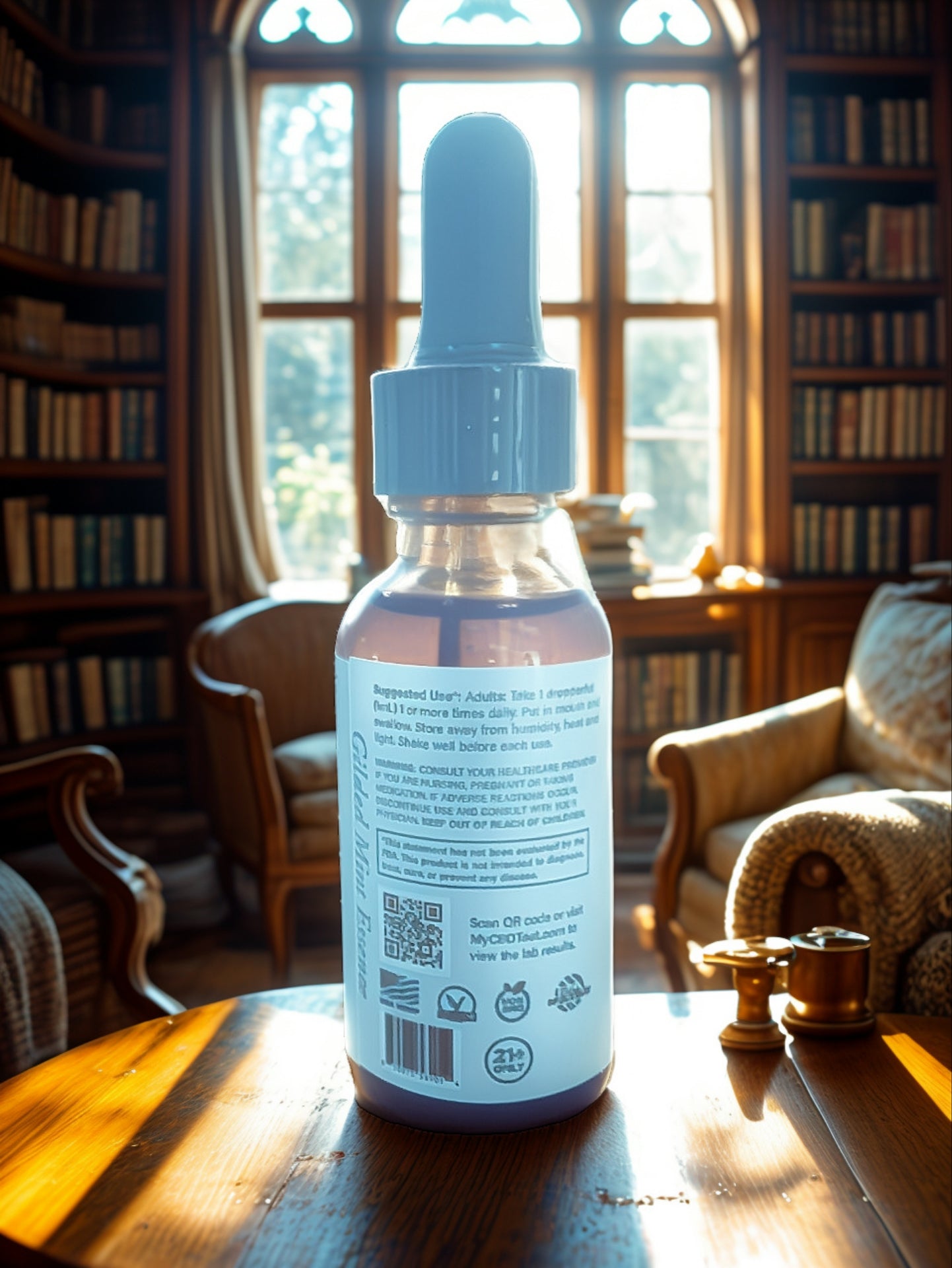 Gilded Mint Essence: Full Spectrum CBD CBG Tincture by Triple J's Hemp Solutions highlighting its blend of 15mg CBD and 15mg CBG.