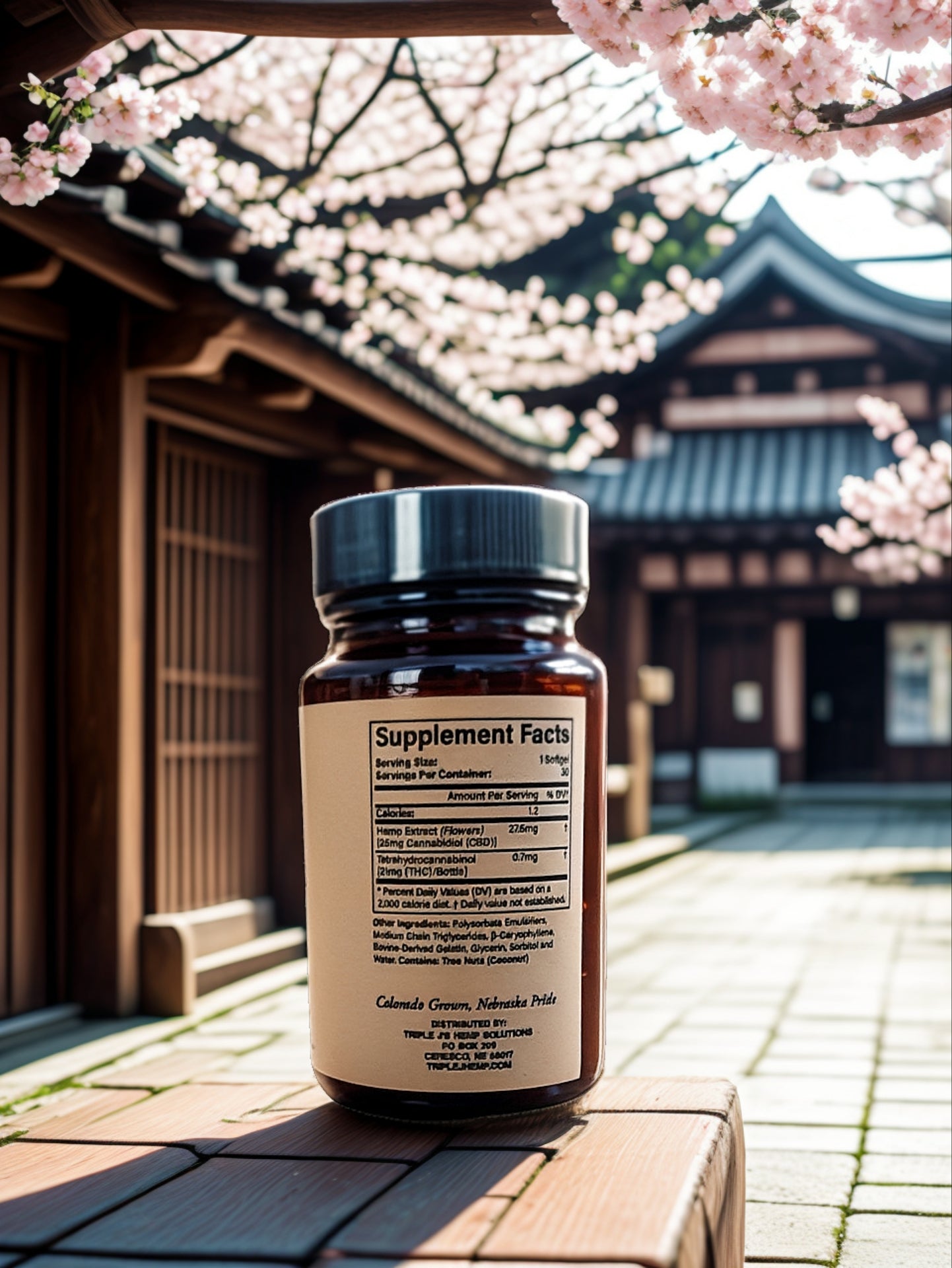 Lifestyle image of 25mg CBD Capsules by Triple J's - Full Spectrum Nano Softgels alongside natural elements. Each softgel contains 25mg of CBD for stress relief and wellness.