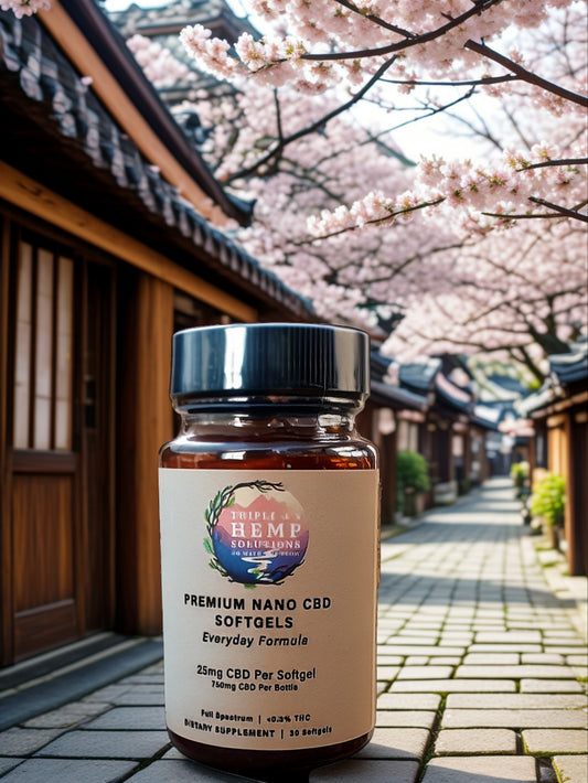 25mg CBD Capsules by Triple J's - Full Spectrum Nano Softgels for Relaxation & Wellness. A bottle of 30 softgels designed for health benefits and calming effects, featuring 25mg CBD capsules.