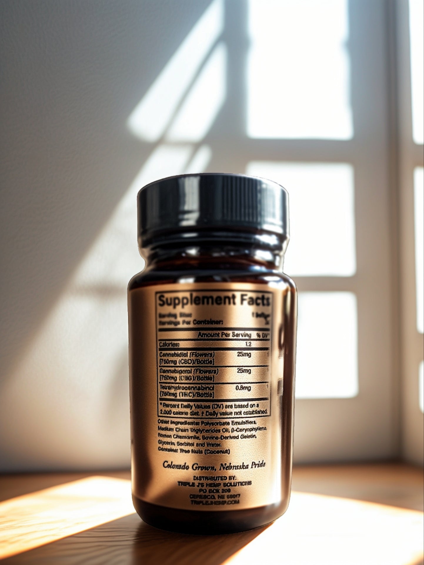 Bottle of 750mg total CBG softgel capsules featuring 25mg of CBD and CBG per capsule from Triple J's Hemp Solutions.